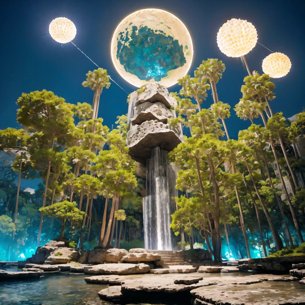 Octopus Man Hexagonal Base(Very detailed) In a hexagonal mountain oasis,There are several hexagonal exhaust fans and chimneys,some neon lights projecting from the base,light up the night),There are some clouds in the night sky,Some surrounding planets provide air to unknown planets,The most distant giant hexagonal volcanic eruption,rainforest