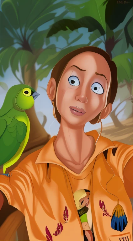 there is a woman taking a selfie with a papagaio on her shoulder, with a big papagaio, with a papagaio on his shoulder, pet bird, in oil painting style, with great birds, papagaio on head, amigo, # 1 pintura digital de todos os tempos, #1 pintura digital de todos os tempos, papagaio, arte digital, mas foto, with his pet bird