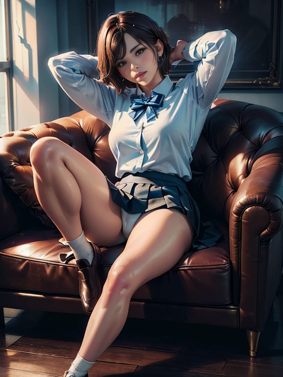 (best quality, 8k, highres, photorealistic:2.0), (solo, one girl:2.0),(lighting: strong),(lighting: front),(very muscular girl:2.0),(bodybuilder girl:1.5),(shiny skin:1.5),(short hair:1.5),(brown hair color:1.5),(Bend your legs and spread them wide:1.5),(raise both arms behind your head:1.5),(black loafers:1.5),((school uniform)),(white collar shirt),(long sleeve shirt),tight shirt,((ribbon bow tie:1.1)),(white socks),((blue pleated skirt)),((Wearing white panties)),((feel amazing ecstasy:1.3)),((Girl leaning on an old leather sofa)), very beautiful girl,