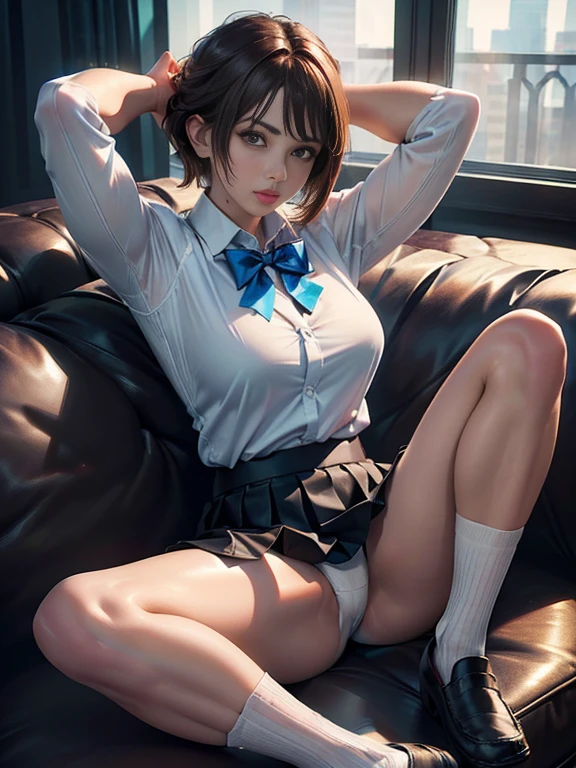 (best quality, 8k, highres, photorealistic:2.0), (solo, one girl:2.0),(lighting: strong),(lighting: front),(very muscular girl:2.0),(bodybuilder girl:1.5),(shiny skin:1.5),(short hair:1.5),(brown hair color:1.5),(Bend your legs and spread them wide:1.5),(raise both arms behind your head:1.5),(black loafers:1.5),((school uniform)),(white collar shirt),(long sleeve shirt),tight shirt,((ribbon bow tie:1.1)),(white socks),((blue pleated skirt)),((Wearing white panties)),((feel amazing ecstasy:1.3)),((Girl leaning on an old leather sofa)), very beautiful girl,
