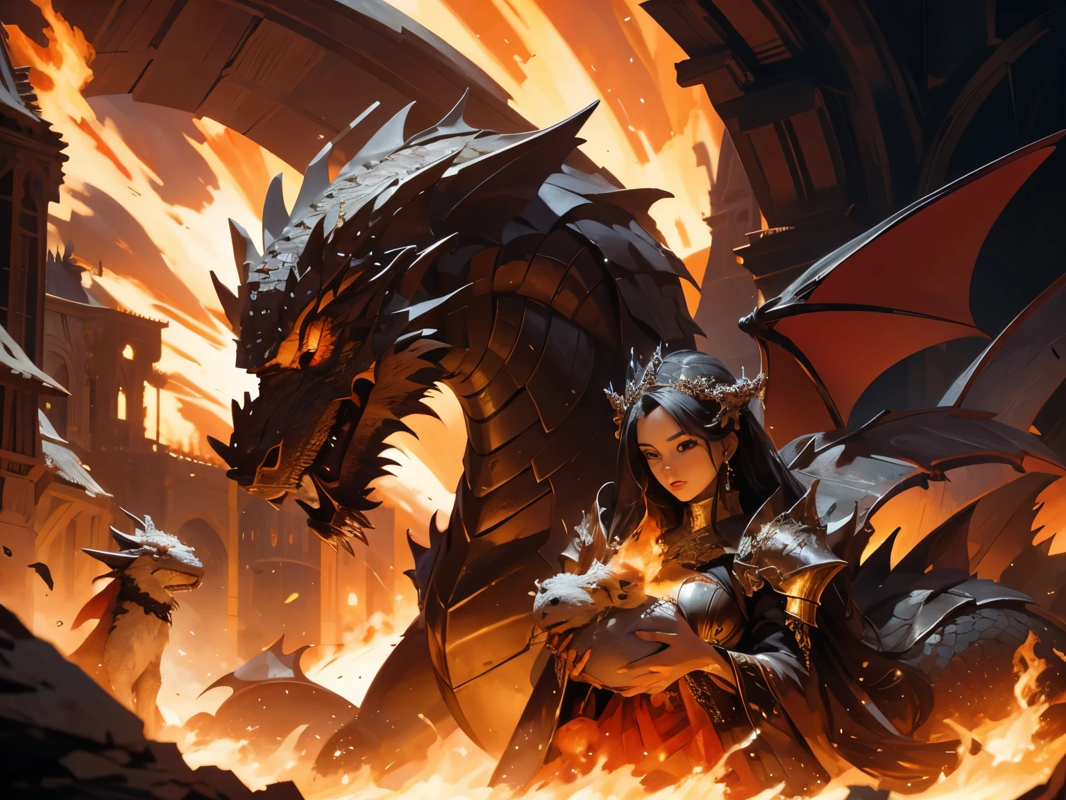 (best quality), (high detail), the beautiful queen of the dragons with her most loved dragon holding her daughter, (fire red 1:1), HDR, UHD, 4K, 8K, 3D.