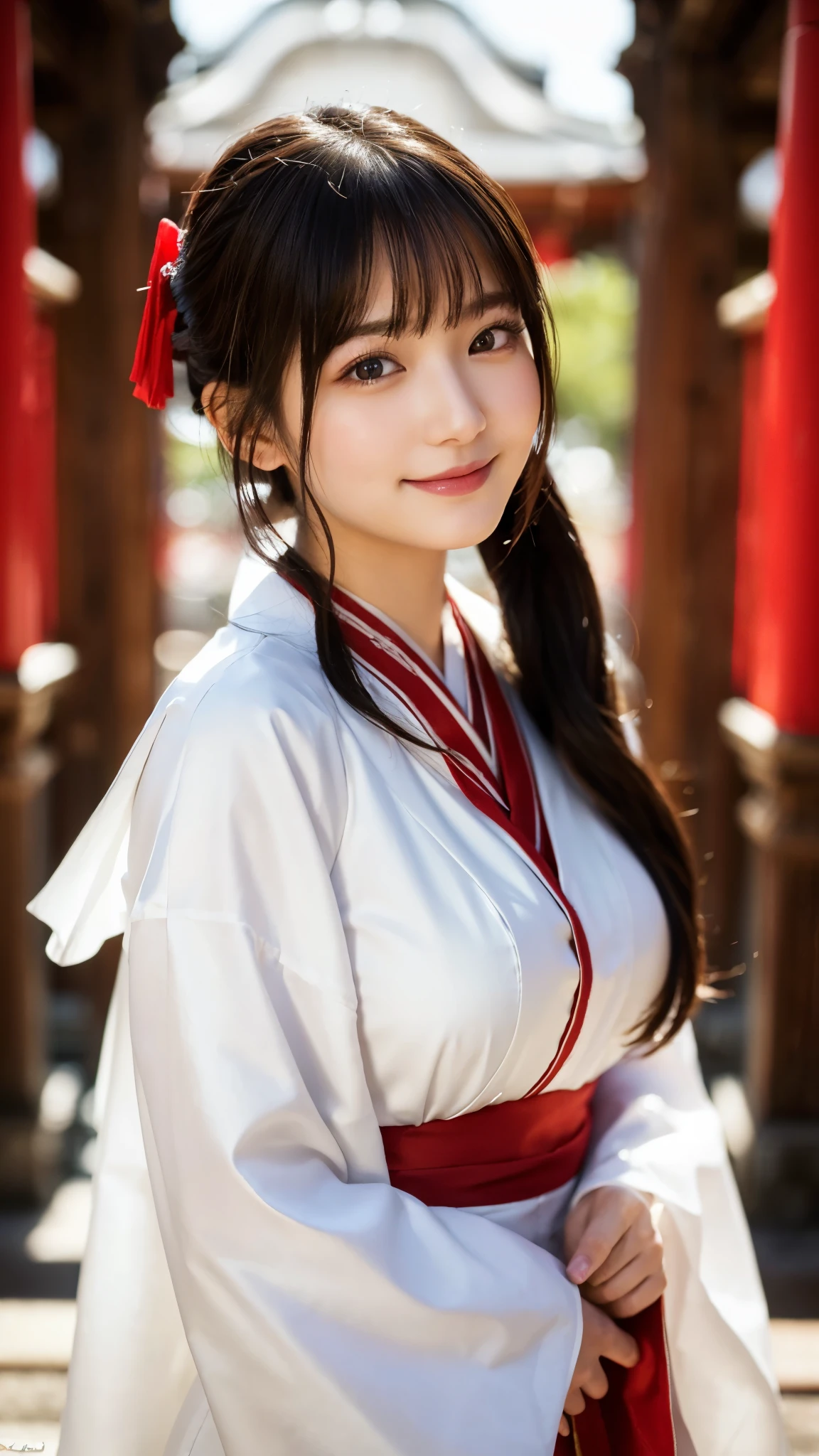 (highest quality,8K quality,masterpiece:1.3),(ultra high resolution,photorealistic:1.4,Live shooting),(Super detailed,caustics),(ultra-realistic capture,Beautifully detailed skin),(Shrine precincts),(white and red shrine maiden costume),18-year-old,Japanese,cute,black long hair,Low ponytail,Smiling and looking at the camera,big boobs,soft light,A ray of light shining from above,Natural light,