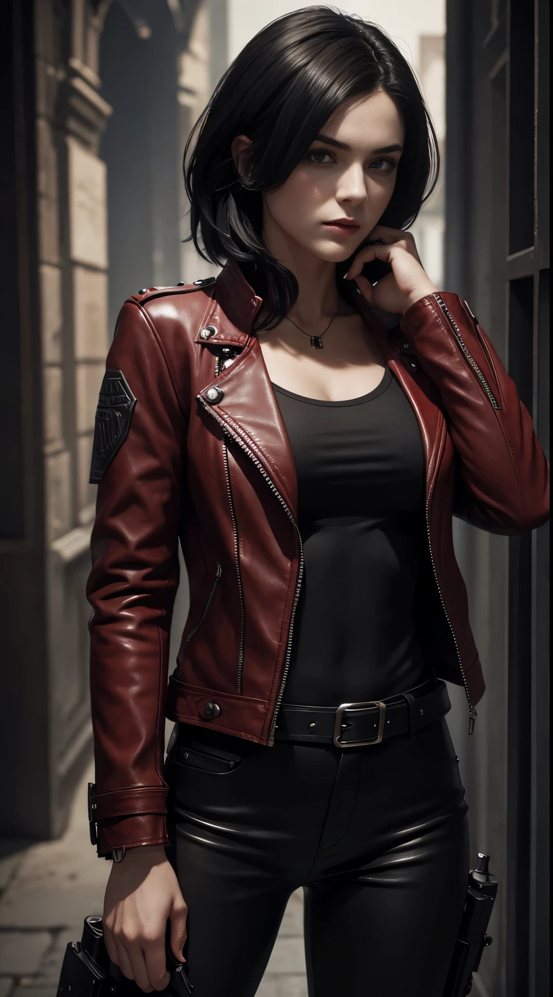 a beautiful 25 years old British female vampire mercenary with short black hair, pale skin, wearing red leather jacket and black tight pants, holding dual handguns, view from front, waist up shot, dynamic pose, ambient lighting, photo realism, intricate face detail, intricate hand details, highly detailed, vibrant colors, cinematic, high definition, trending on Artstation--style raw