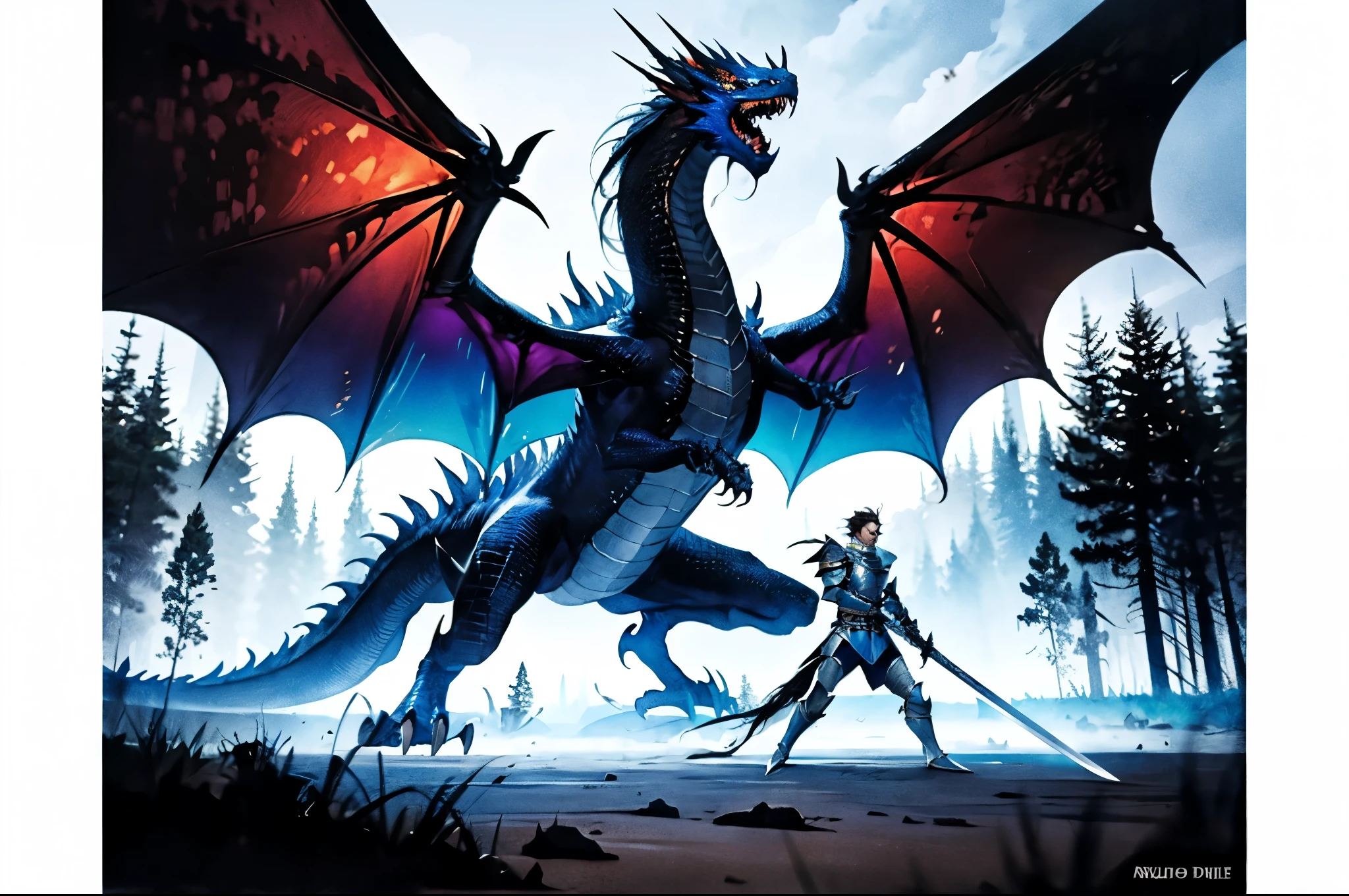 epic confrontation between an adventurer adorned in blue and silver lightweight armor wielding a magnificent radiant sword emitting indigo hues, and a colossal evil black dragon, The adventurer stands firm, facing the immense threat as the sky is shrouded in a dark mist, and the landscape of forests and cities crumbles under the destructive energy emanating from the dragon, Dramatic low-angle shot capturing the adventurer in heroic stance against the towering black dragon, emphasizing the scale and intensity of the battle, high definition, best quality, highres, ultra-detailed, ultra-fine painting, extremely delicate, professional, anatomically correct, creativity, RAW photo, UHD, HDR, 32k, Natural light, cinematic lighting, masterpiece-anatomy-perfect, masterpiece:1.5