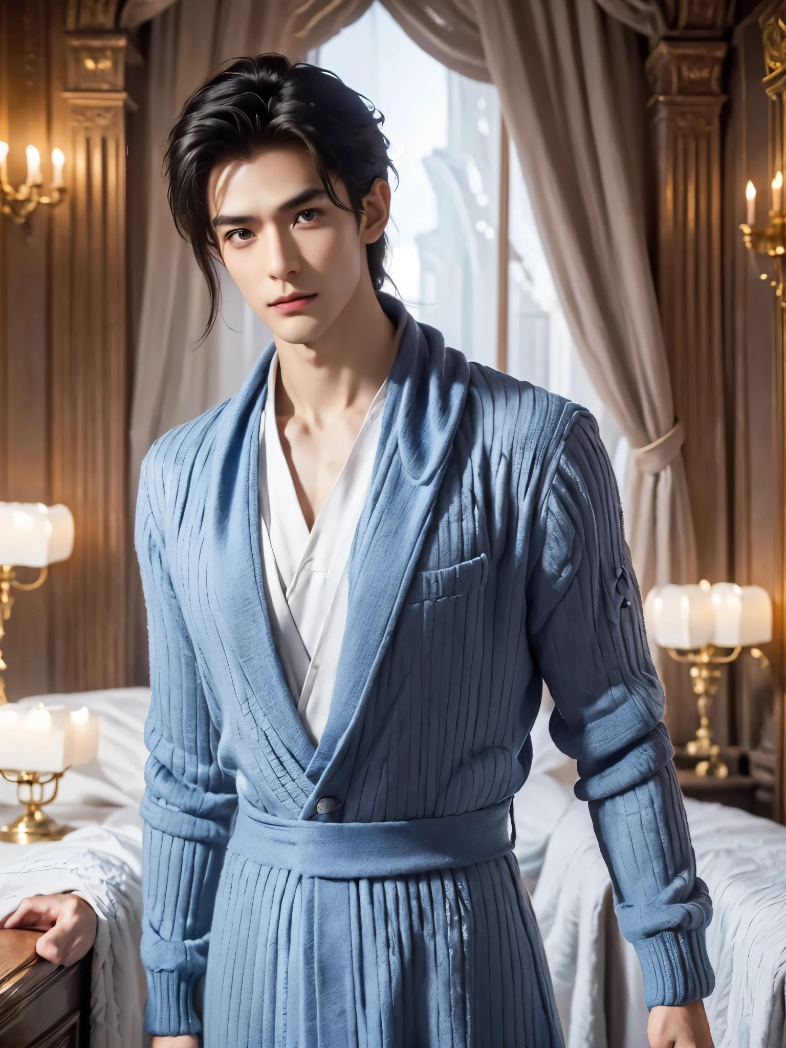 in style of Delphin Enjolras, character concept design, half body， (male character design），（Melancholic handsome Chinese man Pan An is looking at the camera t close-up：1.37），（Pan An wears modern and fashionable men&#39;s blue sweater suit pants：1.37），Pan An’s skin is fair and flawless，The bridge of his nose is high and straight，(long,Messy shawl hair：1.1），（double eyelids, Bright Eyes, Big clear and bright eyes），sad prince，Food with red lips and white teeth，gentle melancholy，Pan An is tall and tall.，He has a strong physique，Toned muscles，Fresh and toned abs, His exquisite facial features，Kingly style， messy black hair,Wind magic, （Main color blue：0.8）