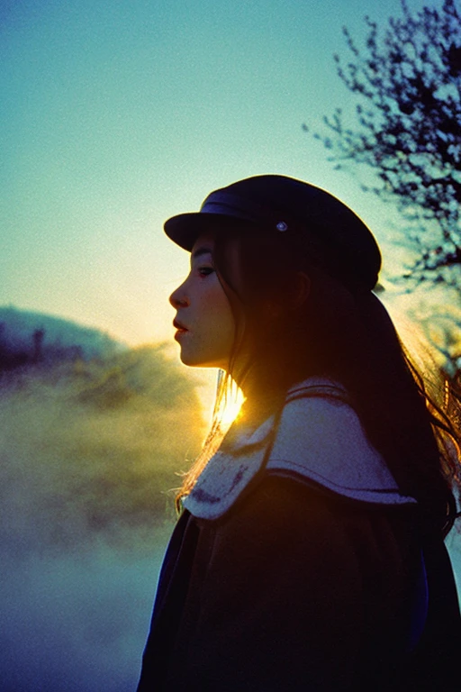 Gentle light mixes with sunlight in a natural landscape、old photograph、faded film、beautiful like a movie、The morning glow illuminates the city、I&#39;m sure everyone will remember it fondly、A scene from youth where young people in winter school uniforms dance、Sadness、fog and mist