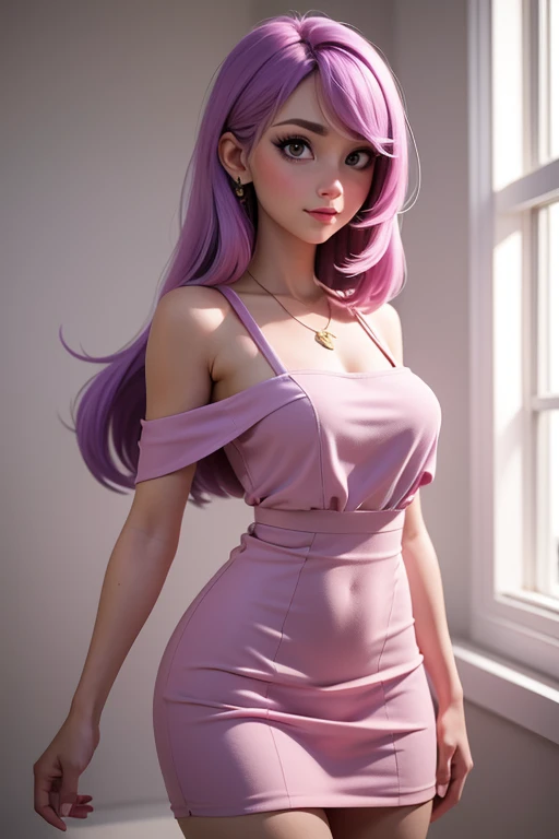 Shermie, a beautiful girl, cabelos roxo, cabelo longos, vestido justo ao corpo