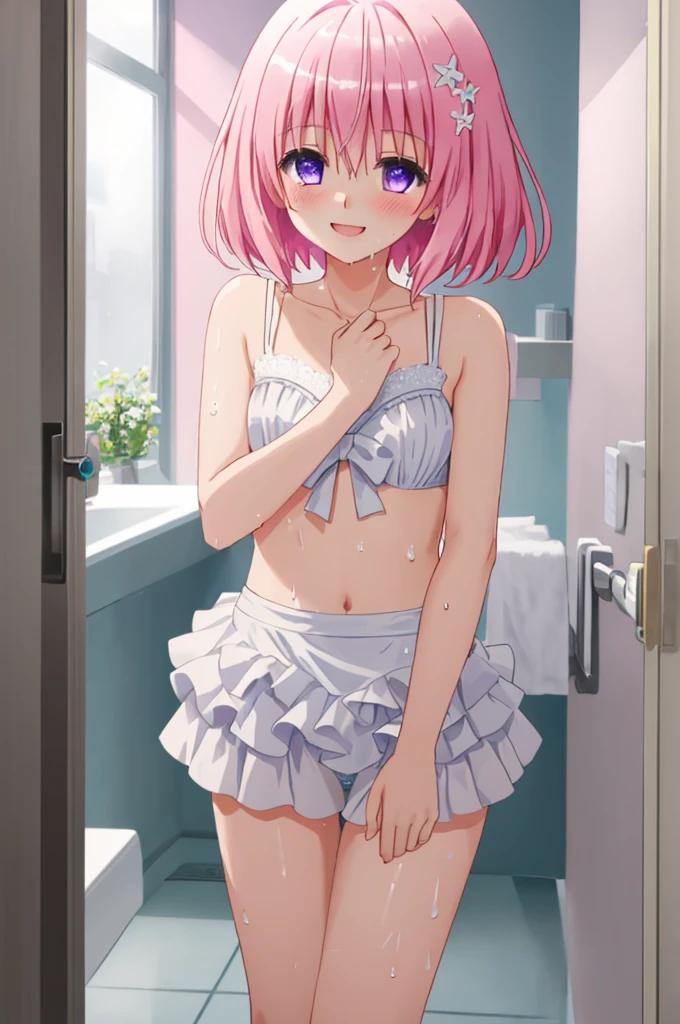 (Highest image quality:1.1)、(masterpiece:1.4)、(disorganized:1.0)、Portrait、Close-up、 1girl、momo velia deviluke、hair ornaments、bob cut、Shorthair pink hair、purple eyes、Medium chest、bra with white lace、Panties with white ruffles、transparent underwear、Wet hair、After taking a bath、charming、Audience、Bathroom、(blush:1.2)、smile、