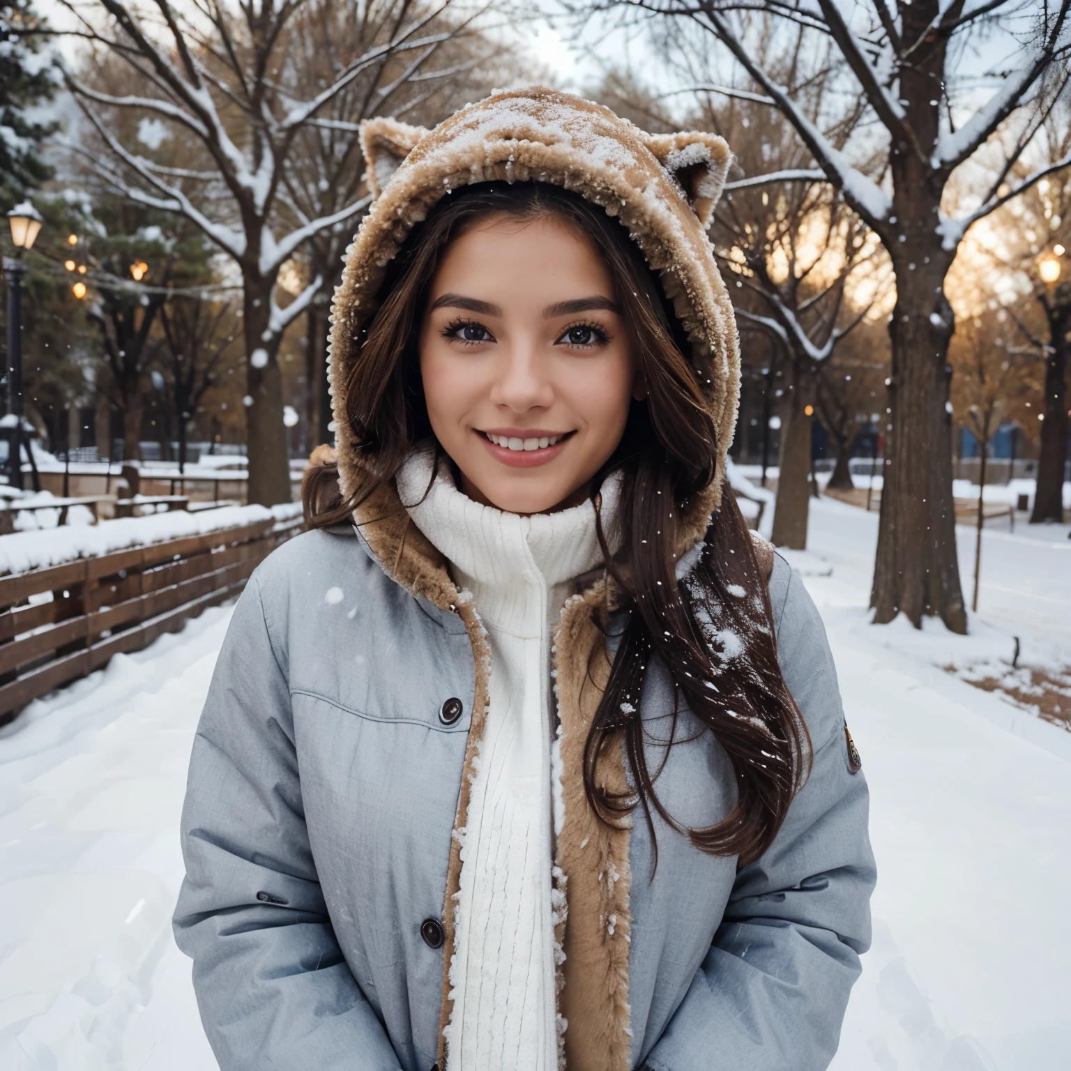 Beautiful latina woman, 26 years old, brown hair, blue eyes, winter, walking in te park, snow, wearing cute winterjacket with fur hood, light smile, 4k resolution