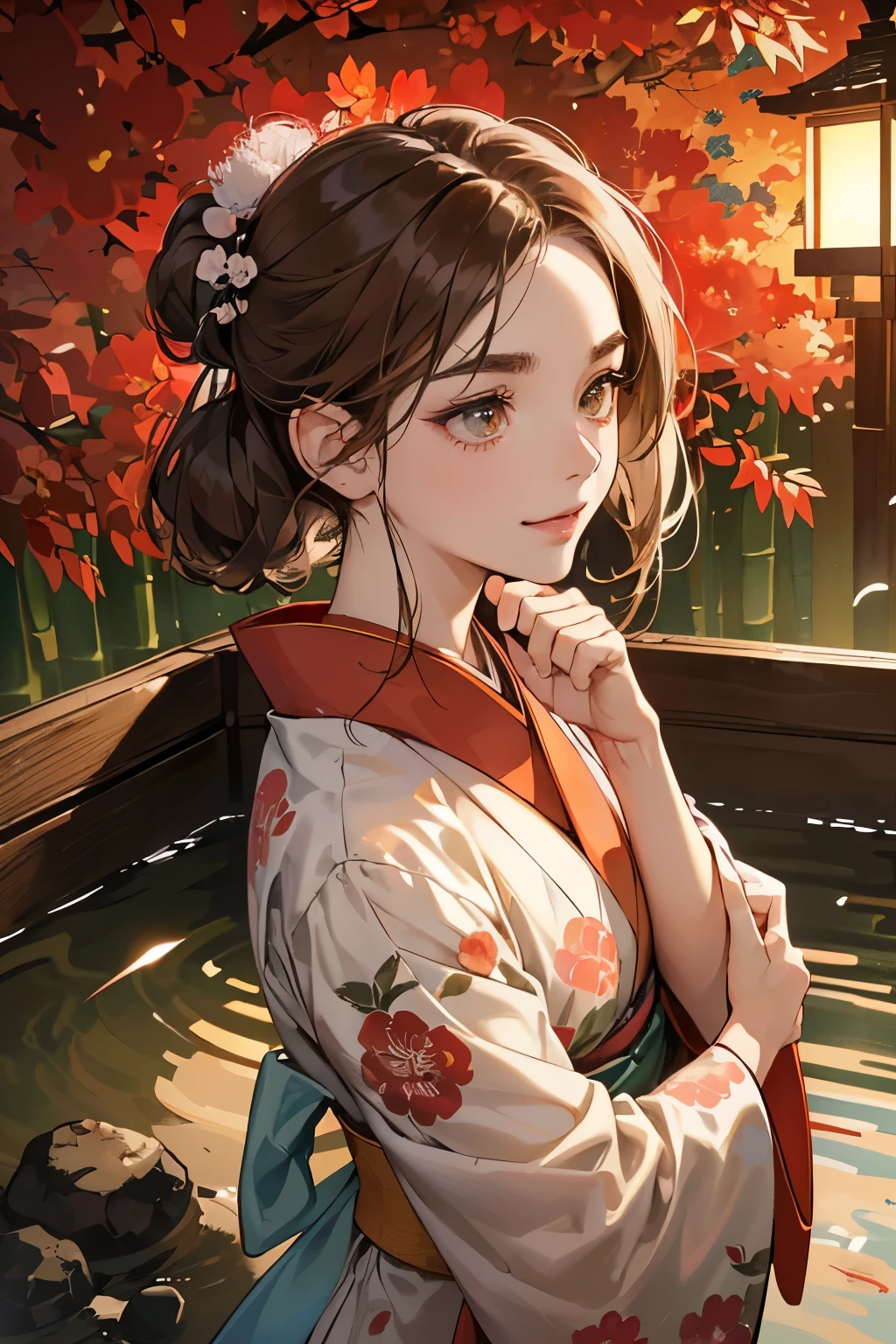 (muste piece, digital art of, Digital Illustration, In 4K, 8K, Super detailed, beautiful images, Sharp Image, It's photorealistic, Raw photo, perfect face, perfect lines, Perfect eyes, soft lighting) 1 woman, (light brown hair,Chignon hair in a high position,Innocent look,lowered eyebrows,drooping eyebrows,droopy eyes,cute big eyes,natural makeup,gentle smile,Round jaws,23 year old female:1.3),スーツ姿のハンサムなmale性2人, (male,male性はスーツ姿,muscular,Firm shoulder width, maleの,boyish hairstyle,English gentlemanly style,クールな表情の30代male性,明るい笑顔の28歳male性:1.2),(Nervous,embarrassed,sleepy,embarrassing:1.2),innocent smile,(embarrassing,shy smile:1.1),deep in the forest、hideout、hot spring inn、Japan Traditional Evening Kimono,Kimono with red peony pattern isolated on white background、flower hair ornament,raise your arms,Walk,slutty look、bamboo forest garden、open-air bath、kiss、couple、couplekiss、Romance、kiss、Take off your kimono and soak in the hot spring