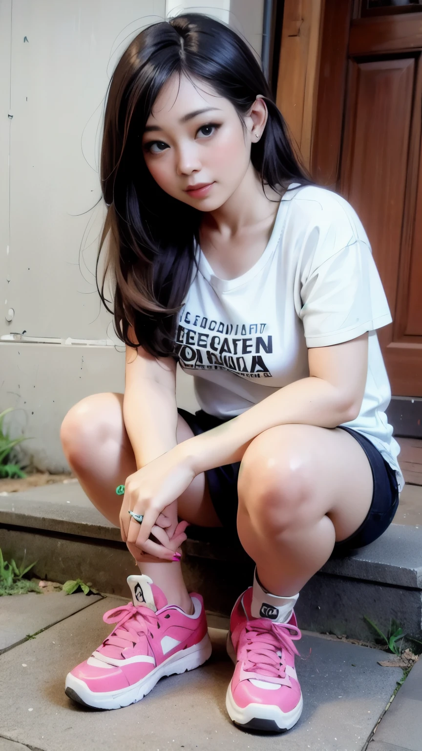((best quality)), (detailed), perfect face, chubby girl, pipi tembam, tampak full body, poni hair, berdiri, full body photoshoot, memakai sepatu sneaker, lengan chubby, kaki seksi, memakai kalung, paha tembam, wajah yang simetris, bibir seksi, mempesona, beauty chubby face, memakai gelang dikedua lengan, lengan penuh tato, wajah bayi, pipi merah, hidung pesek, berkarakter, korean mix russian girl