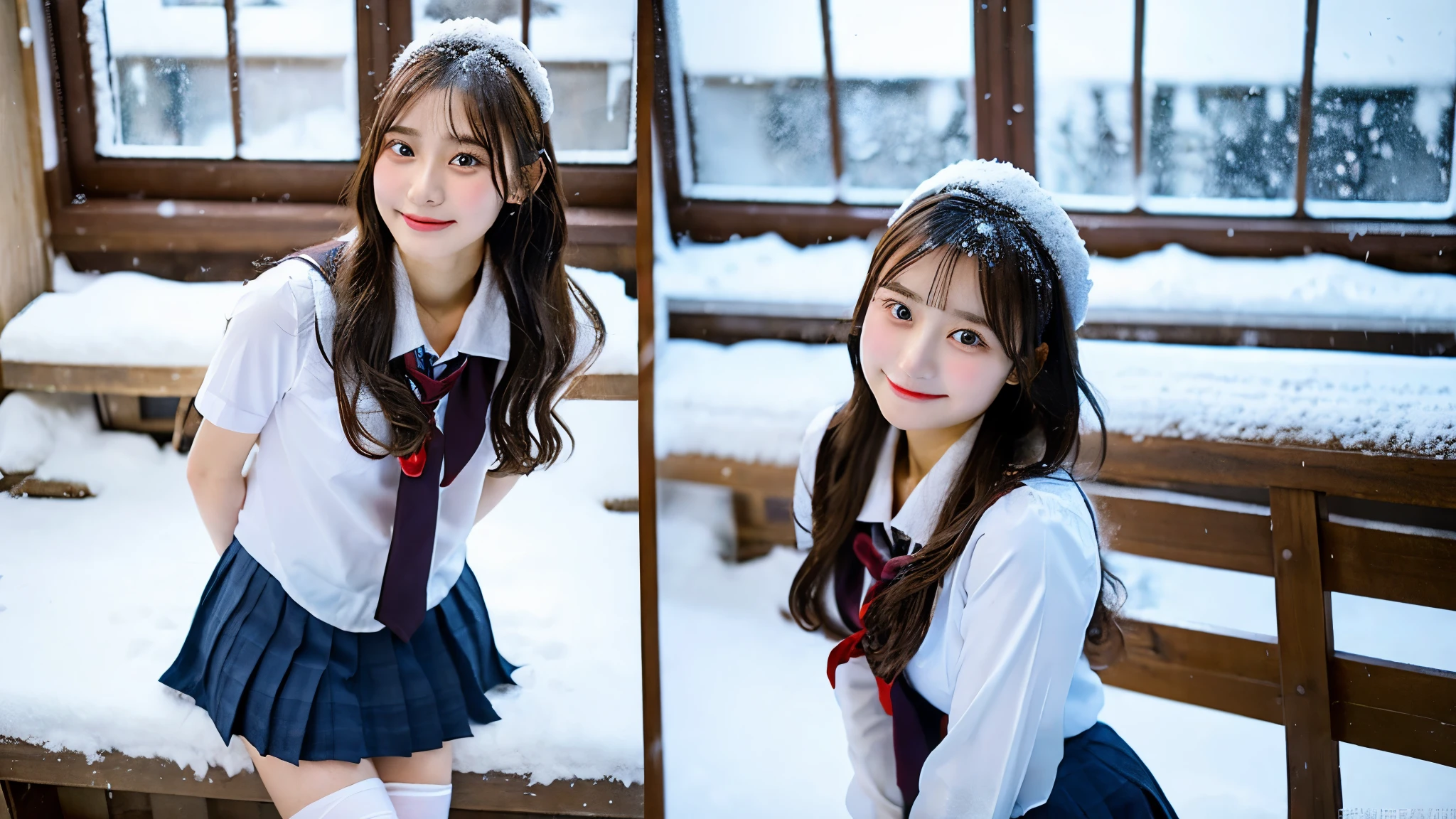 Cute high school girl, 18 years old, wearing a miniskirt uniform、The background is inside the classroom、I can see snow outside the window