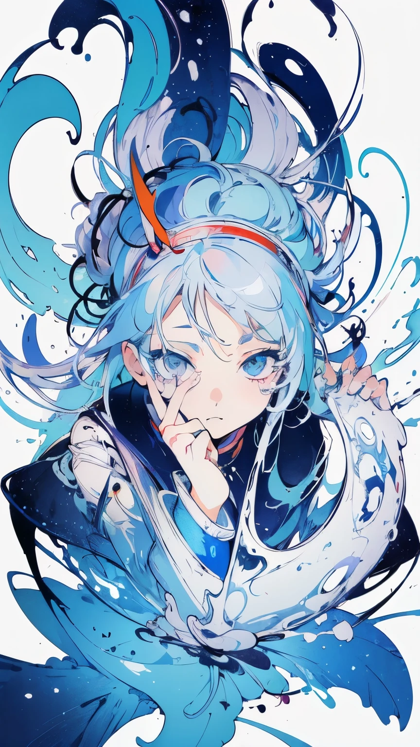 (masterpiece, highest quality, official art:1.2), (flat color:1.5),(colorful),light blue hair、light blue eyes、looking at the viewer,((1 girl)),alone, white background, floating colorful water,(2D:1.5) 