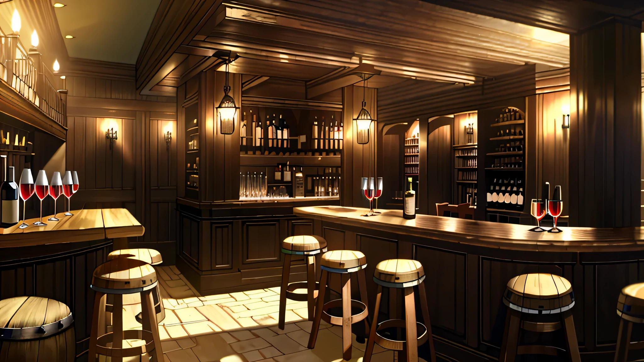 (((Masterpiece))), the best quality, super detailed CG unified 8k wallpaper, a medieval bar, stacked structure, bar counter, wine cabinet with wine barrels, bottled wine, wooden chairs, stairs, best resolution, best shadow, --v 6