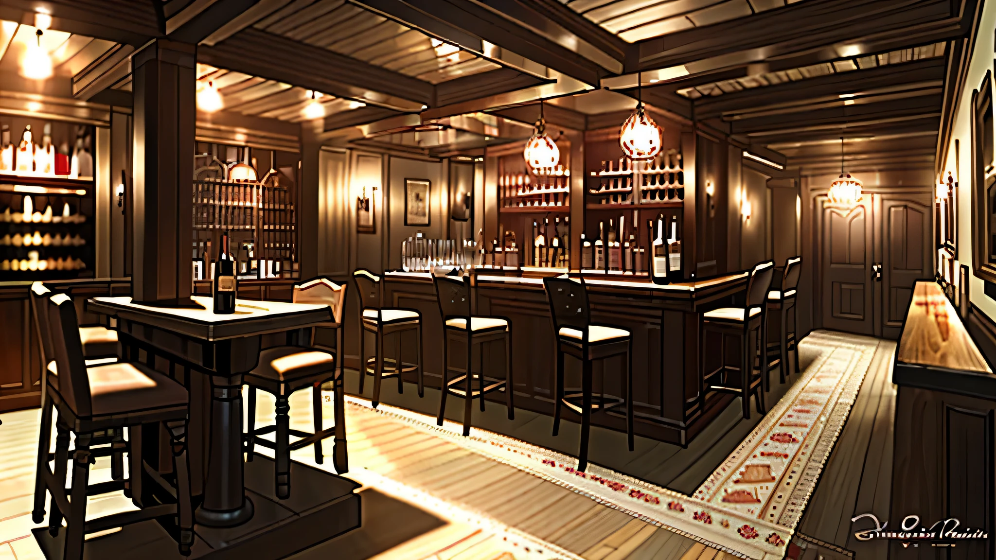 (((Masterpiece))), the best quality, super detailed CG unified 8k wallpaper, a medieval bar, stacked structure, bar counter, wine cabinet with wine barrels, bottled wine, wooden chairs, stairs, best resolution, best shadow, --v 6