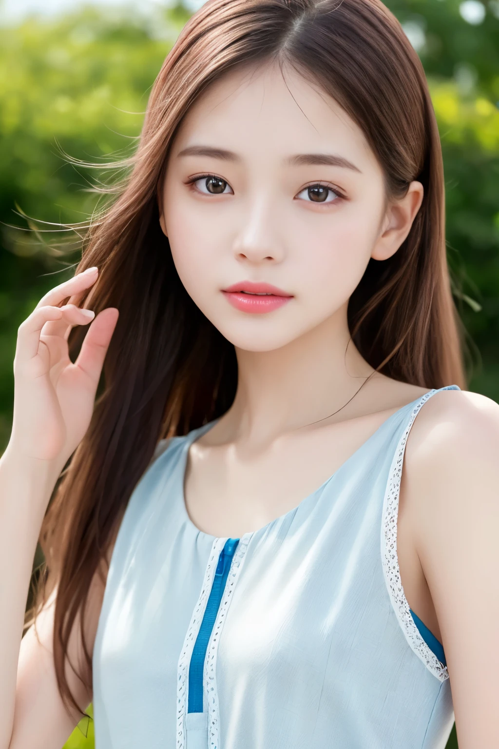 realistic photos of (1 cute Korean star) shoulder-length hair, white skin, thin makeup, 32 inch breasts size, slightly smile, wearing blue and white crop top, at the sheep's farm, upper body portrait, Futurism, Nikon, 85mm, UHD