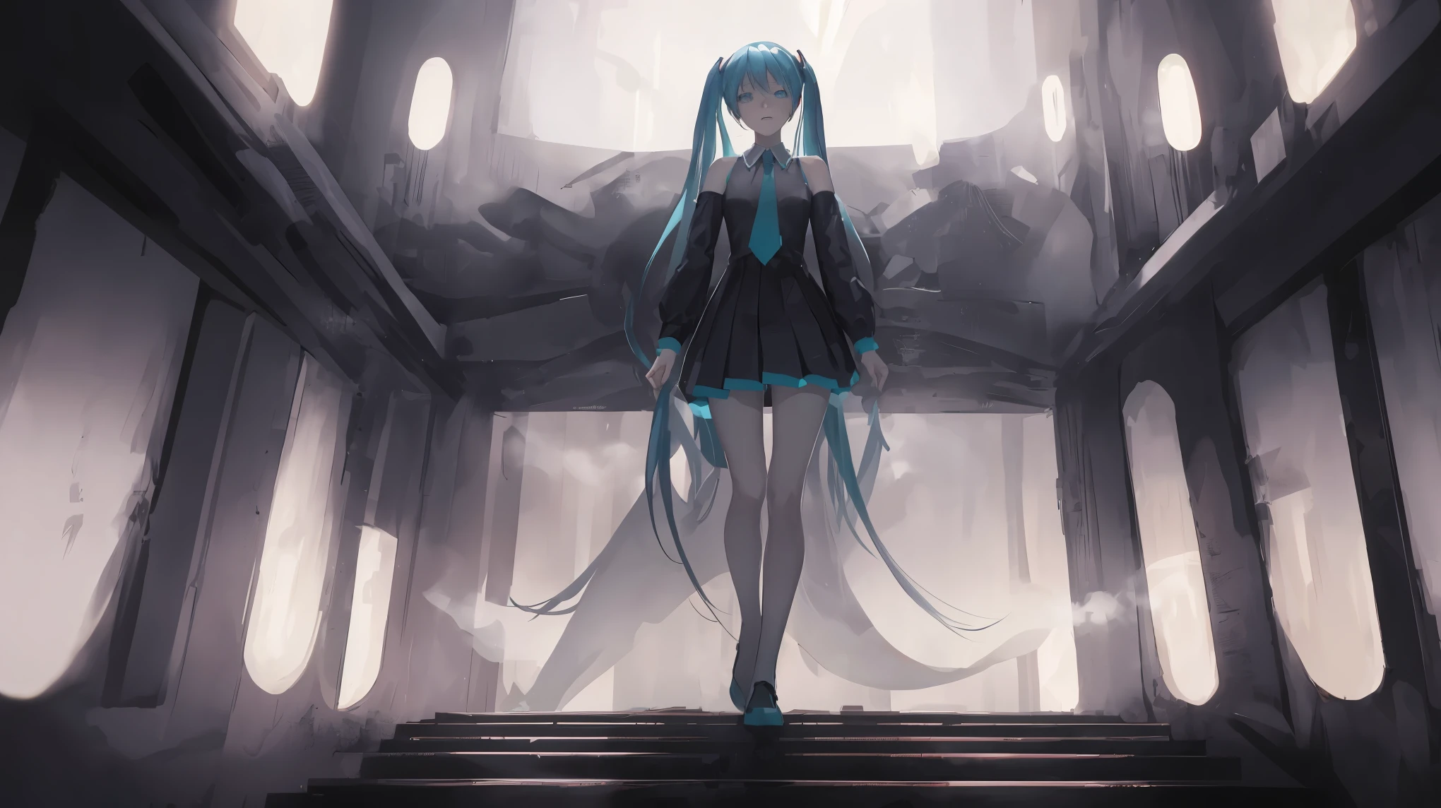 highly detailed, (masterpiece:1.3),(best quality:1.4), (extreme detailed illustration), good anatomy, best quality, hatsune miku, (ghost rule miku), big prison hallway, skeleton bone on side, full-body, (closed mouth:1.2), looking at viewer, dark theme, (foggy:1.5), (no lighting), wide side, panorama, dark, spotlight on her, low saturation, dust, alone in the dark, realistic, horror