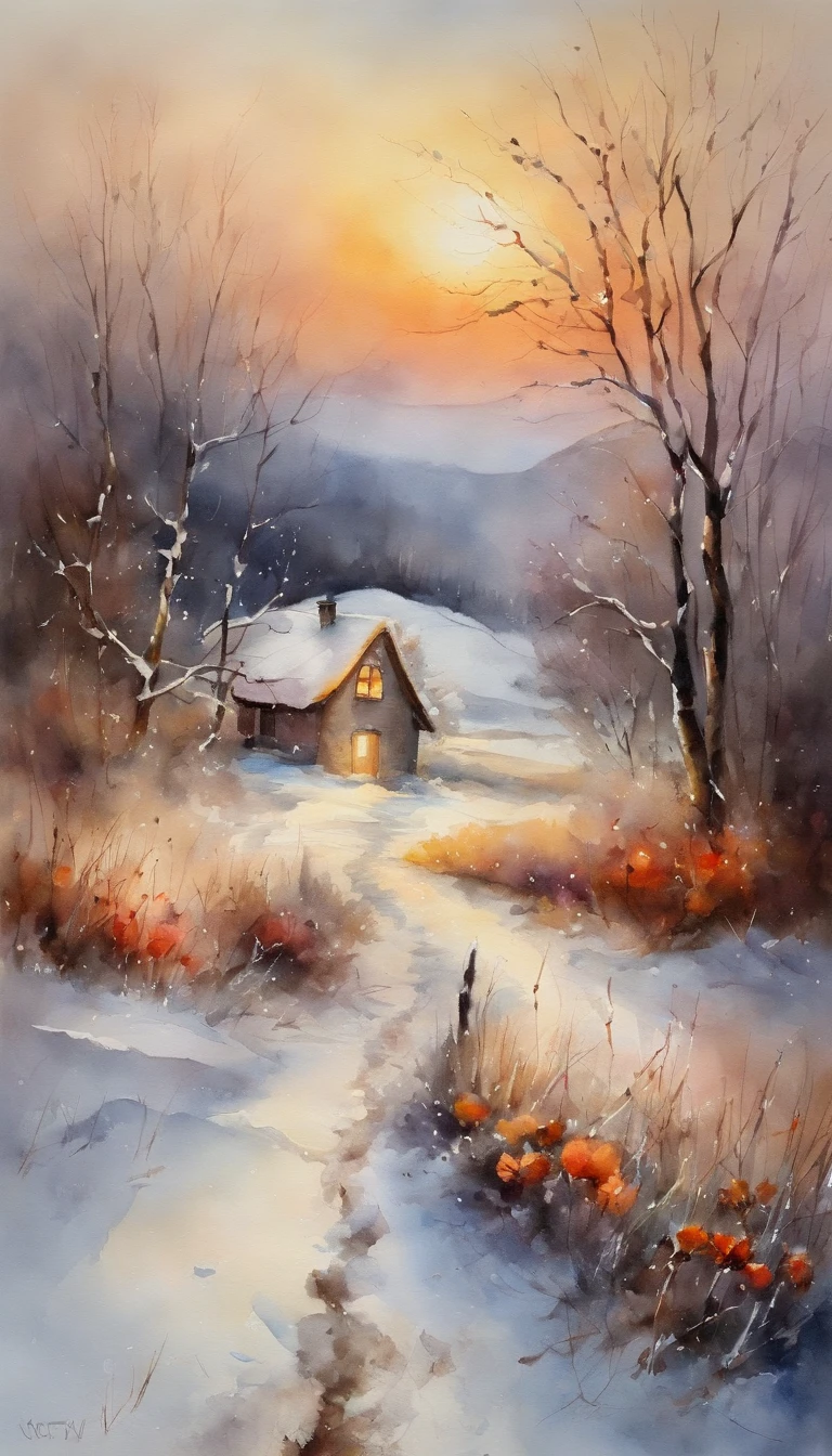 Flowers blooming in a winter landscape, sunset light, Husband and woman separated
