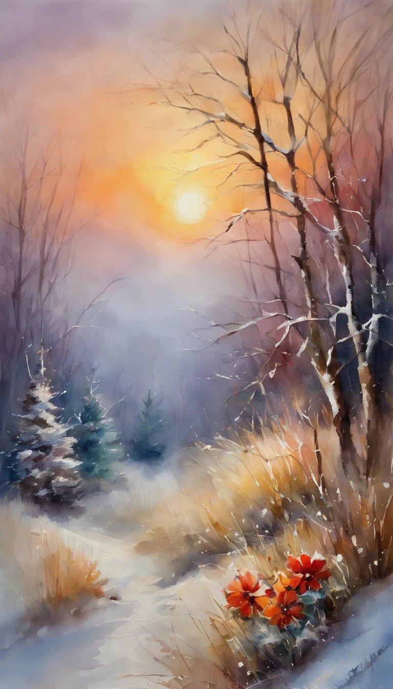 Flowers blooming in a winter landscape, sunset light, Husband and woman separated