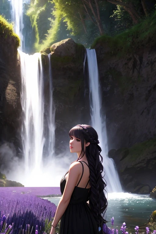 masterpiece of photorealism, photorealistic highly detailed 8k photography, best hyperrealistic quality, volumetric lighting and shadows, young woman, waterfall braid black, Fields of Lavender under the Moonlight, Panning Shot of a Majestic Waterfall