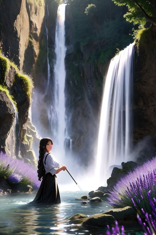 masterpiece of photorealism, photorealistic highly detailed 8k photography, best hyperrealistic quality, volumetric lighting and shadows, young woman, waterfall braid black, Fields of Lavender under the Moonlight, Panning Shot of a Majestic Waterfall