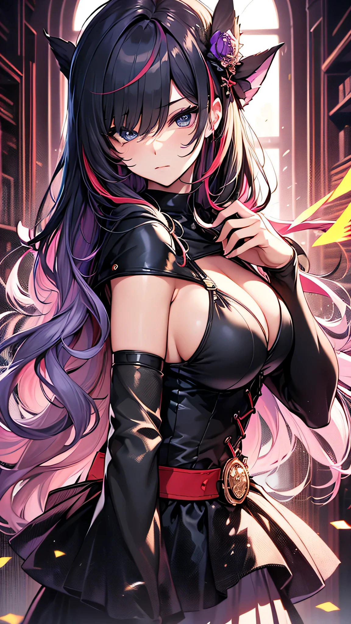 最high quality、best image quality、masterpiece、age girl((18-year-old、 By becoming、vest bust、medium bust,wide open breast tea、black eye, colorful hair、long hair、thin,highest valley、toned chest、black dress、black long skirt)),high quality、beautiful art、background((party venue、red carpet、black limousine、camera flash)),debris flies、Depth of written boundary、movie、visual art、perfect art、8K,genuine
