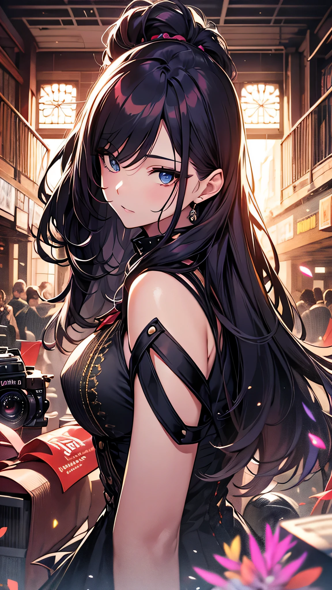 最high quality、best image quality、masterpiece、age girl((18-year-old、 By becoming、vest bust、medium bust,wide open breast tea、black eye, colorful hair、long hair、thin,highest valley、toned chest、black dress、black long skirt)),high quality、beautiful art、background((party venue、red carpet、black limousine、camera flash)),debris flies、Depth of written boundary、movie、visual art、perfect art、8K,genuine