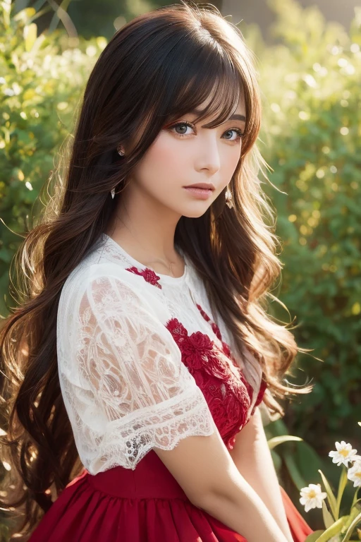 hermosa elfa de ojos rojos y cabello ????? largo, piel blanca y delicada, labios carnosos y levemente rosas sentada en el campo verde rodeada de flores multicolor, vestido blanco y amarillo.