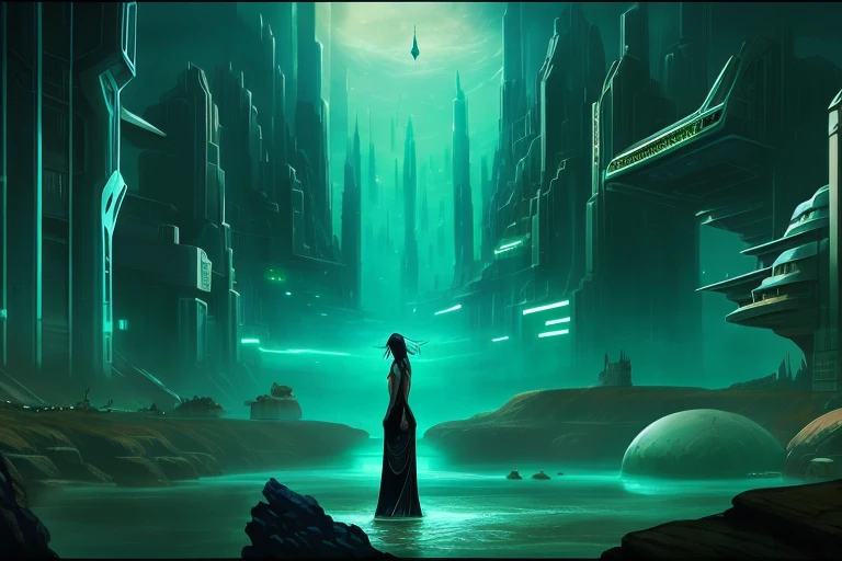 futuristic city with a woman standing in the middle of a river, in fantasy sci - fi city, beautiful sci fi art, sci fi digital painting, sci-fi digital painting, sci fi art, futuristic concept art, retrofuturistic digital painting, sci-fi digital art illustration, sci-fi fantasy wallpaper, mystical sci-fi concept art, futuristic utopian fantasy