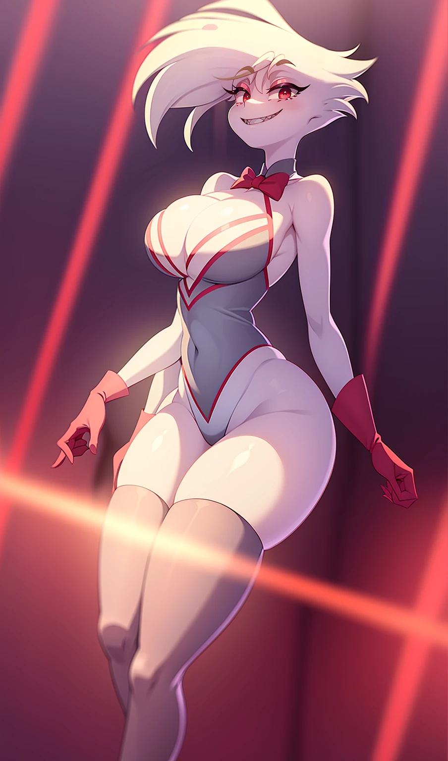 (best quality, masterpiece:1), furry, female, 1girl, anthro, angeldust, 4 arms, white cloths , thigh boots, gold tooth, huge chest tuft, choker, bowtie, , red gloves, grin, sharp teet hourglass figure, thick thighs, bubble butt, wide hips, *, pants, full, body, buttler, noble cloths,blending, reflection light, ray tracing, backlighting, bloom, blending, drop shadow, film grain, image fill, Fujicolor, halftone, motion lines, optical illusion, anaglyph, stereogram, speed lines, vignetting, scanlines, UHD, retina, masterpiece, ccurate, anatomically correct, textured skin, super detail, high details, high quality, award winning, best quality, highres, boots,