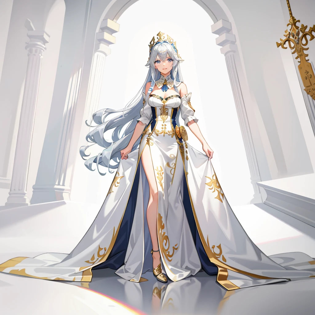 Silver wavy hair, blue eyes, gorgeous white long dress, reverent, beautiful woman, benevolent smile, headdress, gold shoes, anime, temple background, unexposed