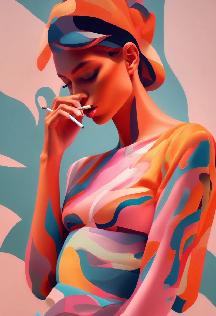 Immerse yourself in a digital masterpiece with this artwork prompt featuring a beautiful fashionable girl in action. The artist's digital prowess brings the subject to life, Show her grace and elegance when engaging in activities. woman smoking a cigarette&#39;Body with detailed body painting, adding an element of artistry and fluorescence to the composition. By using Morandi color、Create a delicate and sophisticated color palette。。. By adopting digital technology、Accurate anatomy is ensured。, resulting in a visually stunning and anatomically accurate artwork. This digital masterpiece celebrates the fusion of fashion, art, and movement. Created by renowned digital artist Gemmy Woud-Binnendijk