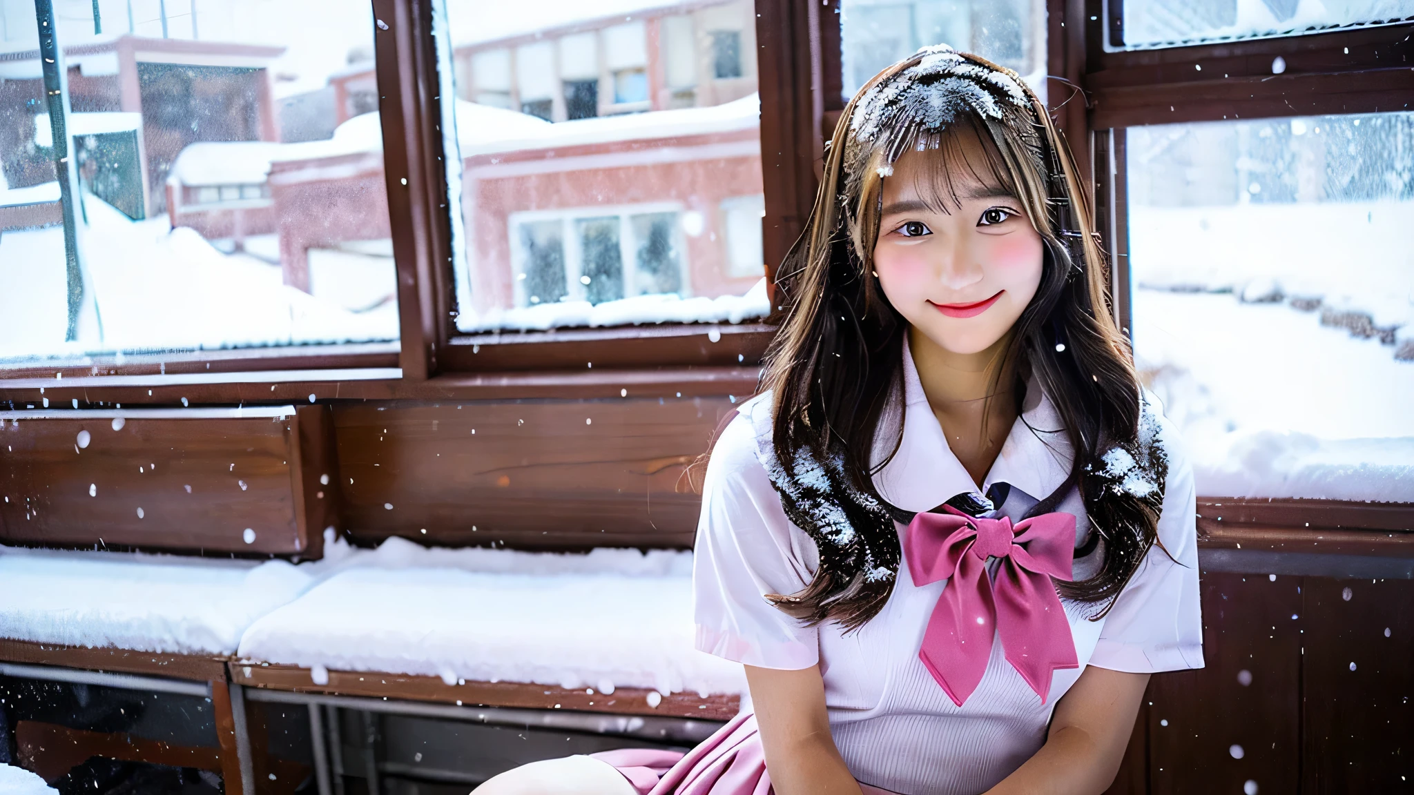 cute high school girl, 18-year-old, Wearing a pink miniskirt uniform.、The background is inside the classroom、I can see snow outside the window