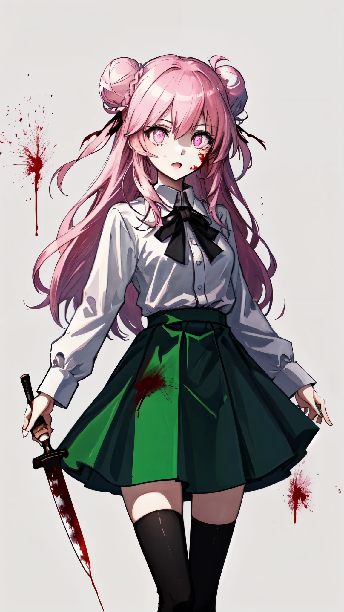 (masterpiece),(Best quality),(super delicate),(Best Illustration),(very gentle and beautiful),(complex part),(depth of field),(extremely detailed)
((pink long hair)),((pink eyes)),((double bun)),((One)),((1 girl))
((holding a knife)),demented face,blood on the clothes,blood on the face,crazy eyes, shadowed face, yandere,blue blouse, green skirt, simple background, long sleeves, black stockings