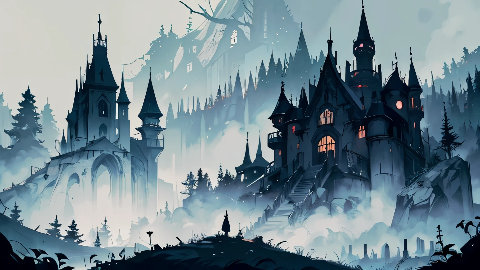 Panorama of a dark forest and a vampire castle with wrought iron gates, линейный drawing, gradient black-gray from bottom to top, drawing, sharp lines, styled by Abigail Larson