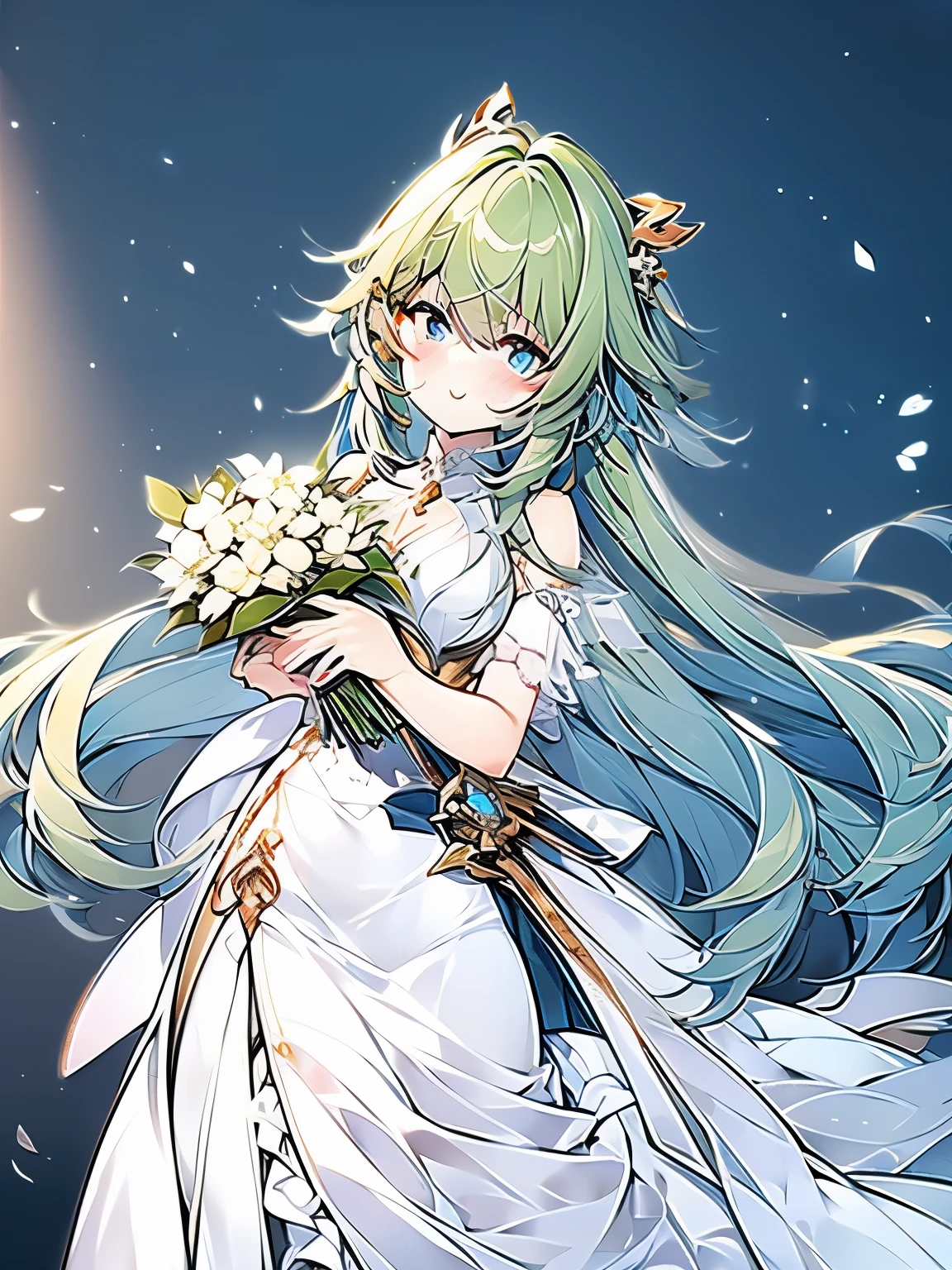 Green-haired girl with waist-length hair,blue eyes,The eyes look a bit like,White skin,Little fragrant dress,The dress is white,Holding a bouquet of flowers