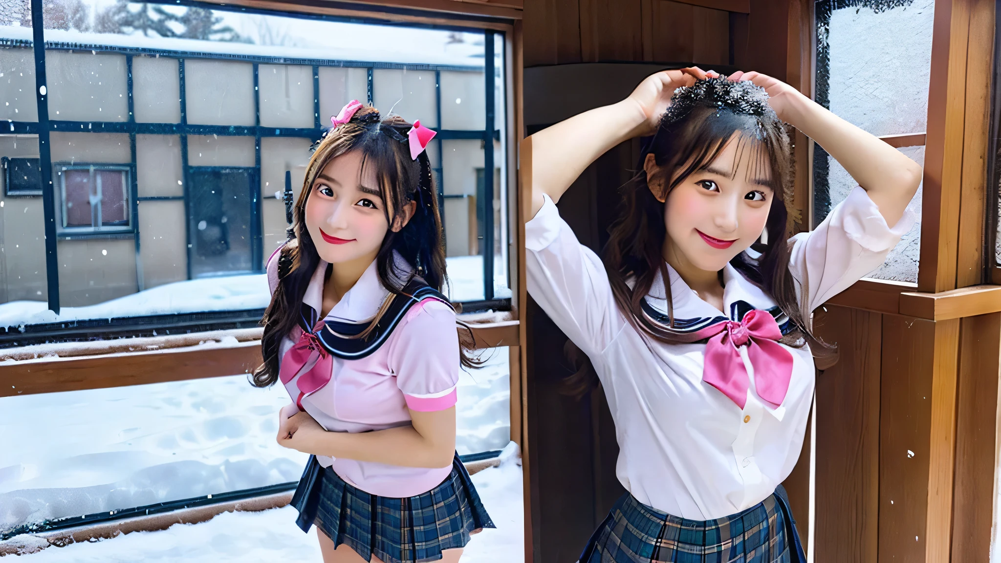 cute high school girl, 18-year-old, Wearing a pink miniskirt uniform、The background is inside the classroom、I can see snow outside the window
