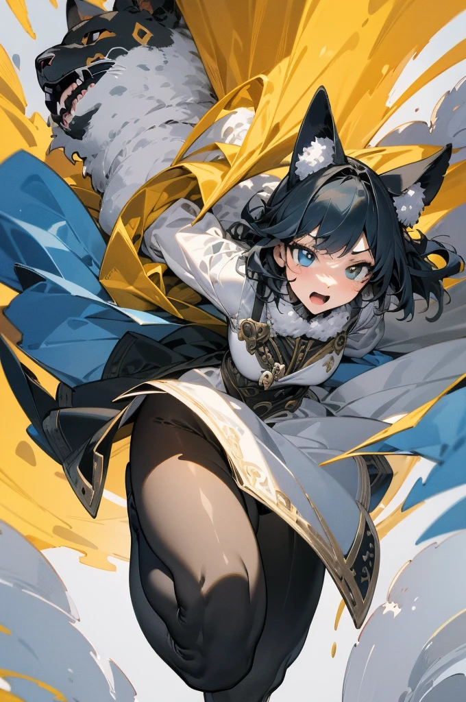 fisheyes, solo, high quality,  black hair, (forehead), (short hair), green eyes, medium breast, (straps on thighs:1.3), blue sky, (stocking:1.2), (cameltoe:1.2), smile, (nipples:0.8), (thick thighs), (middle Ages:1.2),  sky, clouds, cat ears, tail, 