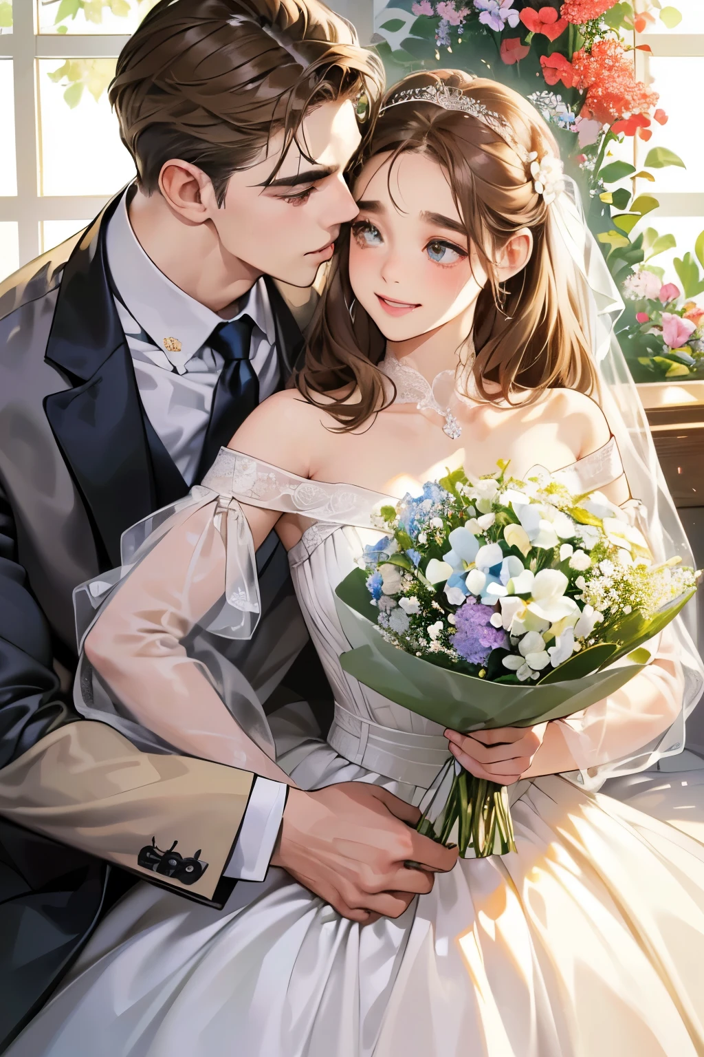 (table top, digital art, digital illustration, 4K, 8K, super detailed, beautiful images, clear image, realistic, RAW photo, perfect face, perfect lines, perfect eyes, soft lighting) 1 female, (light brown hair,bun hair,innocent look,droopy eyebrows,drooling eyes,With a round face,Round jaws、innocence,cute,Big eyes,natural makeup,smile gently,E cup,23 year old female:1.3),Two handsome men in suits, (human,Men in suits,muscular,Firm shoulder width,  mannish hairstyle,A man in his 30s with a cool expression,28-year-old man with bright smile:1.2),A garden full of light、lots of flowers、squirt、colorful flowers、(embarrassing,shy smile,bouquet of gypsophila:1.2),Antique sofa,Resort Sofa,the kiss、kiss、couple、couplekiss、romance、Wedding dress、wedding style、誓いのkiss