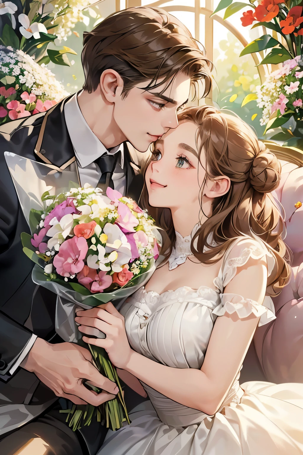 (table top, digital art, digital illustration, 4K, 8K, super detailed, beautiful images, clear image, realistic, RAW photo, perfect face, perfect lines, perfect eyes, soft lighting) 1 female, (light brown hair,bun hair,innocent look,droopy eyebrows,drooling eyes,With a round face,Round jaws、innocence,cute,Big eyes,natural makeup,smile gently,E cup,23 year old female:1.3),Two handsome men in suits, (human,Men in suits,muscular,Firm shoulder width,  mannish hairstyle,A man in his 30s with a cool expression,28-year-old man with bright smile:1.2),A garden full of light、lots of flowers、squirt、colorful flowers、(embarrassing,shy smile,bouquet of gypsophila:1.2),Antique sofa,Resort Sofa,the kiss、kiss、couple、couplekiss、romance、Wedding dress、wedding style、誓いのkiss