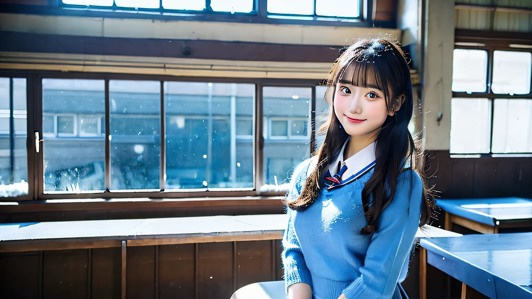 Cute high school girl 18 years old wearing a light blue miniskirt uniform、The background is inside the classroom、I can see snow outside the window