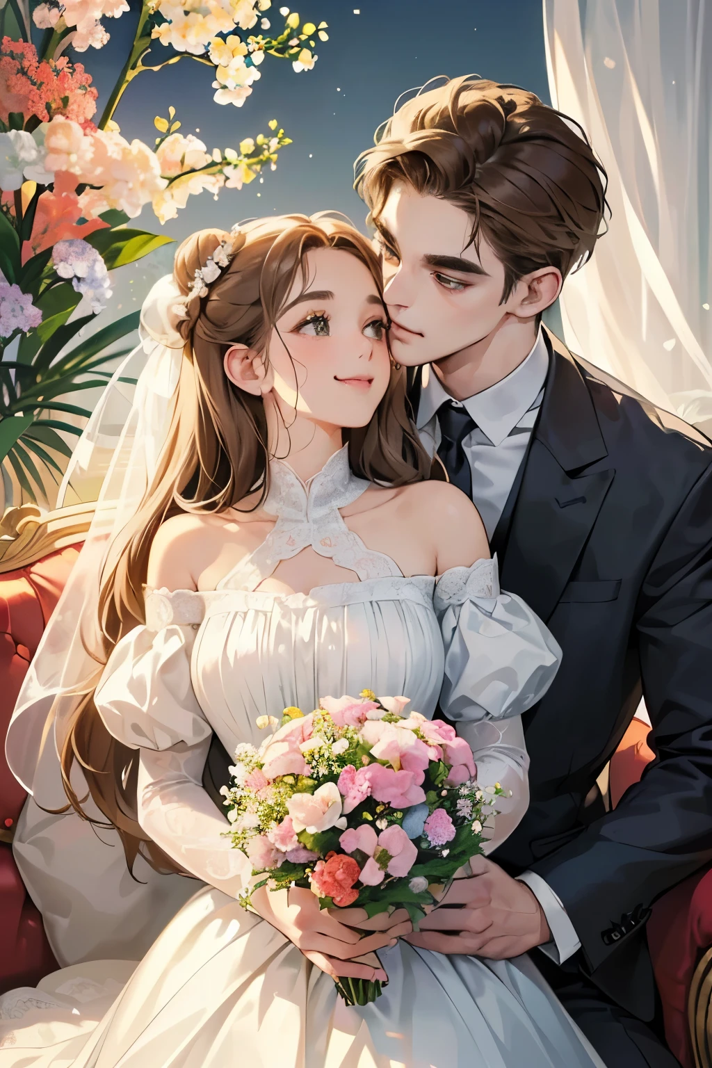 (table top, digital art, digital illustration, 4K, 8K, super detailed, beautiful images, clear image, realistic, RAW photo, perfect face, perfect lines, perfect eyes, soft lighting) 1 female, (light brown hair,bun hair,innocent look,droopy eyebrows,drooling eyes,With a round face,Round jaws、innocence,cute,Big eyes,natural makeup,smile gently,E cup,23 year old female:1.3),Two handsome men in suits, (human,Men in suits,muscular,Firm shoulder width,  mannish hairstyle,A man in his 30s with a cool expression,28-year-old man with bright smile:1.2),A garden full of light、lots of flowers、squirt、colorful flowers、(embarrassing,shy smile,bouquet of gypsophila:1.2),Antique sofa,Resort Sofa,the kiss、kiss、couple、couplekiss、romance、Wedding dress、wedding style、誓いのkiss