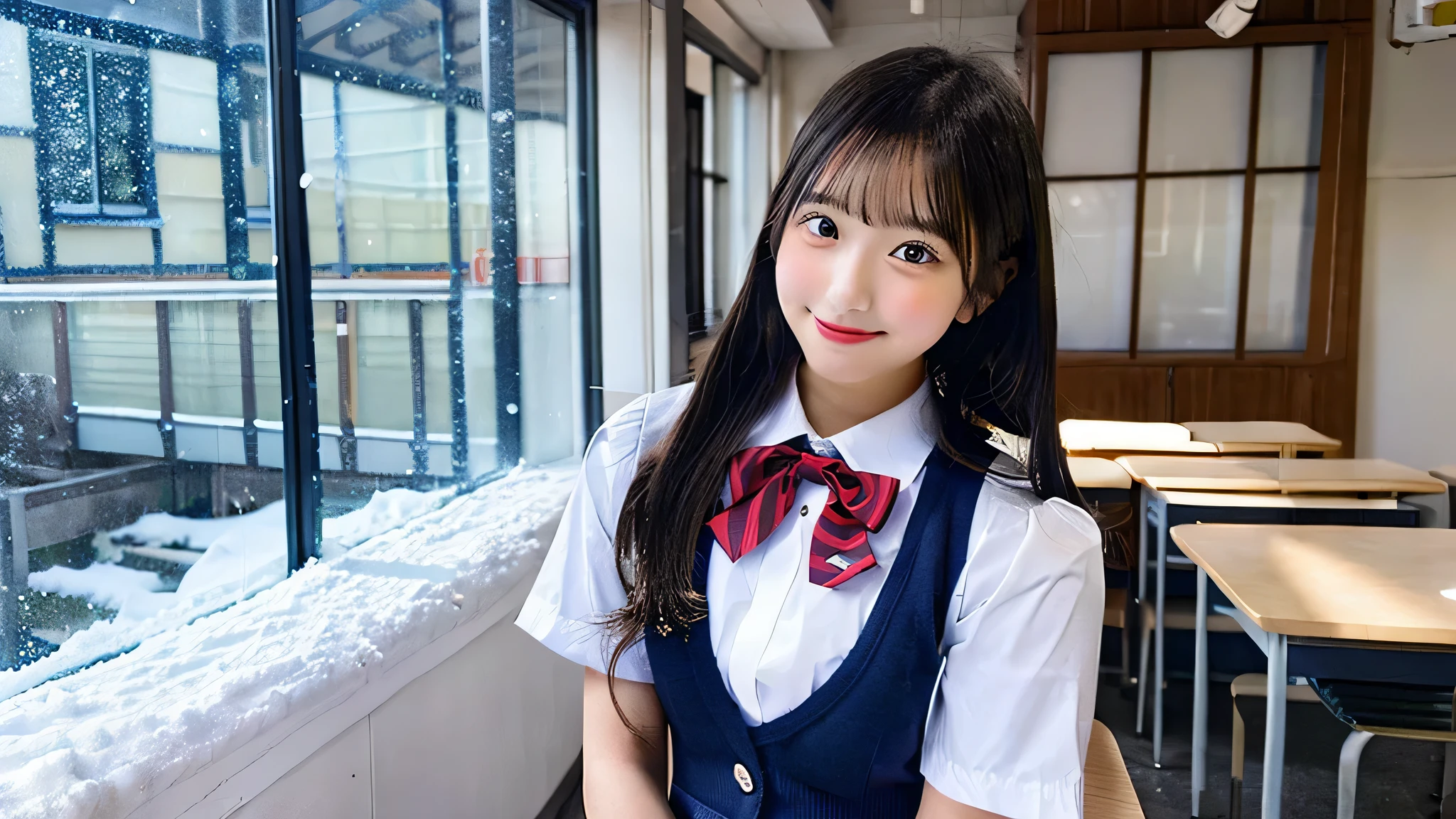 cute high school girl, 18-year-old, Wearing a navy blue miniskirt uniform.、The background is inside the classroom、I can see snow outside the window