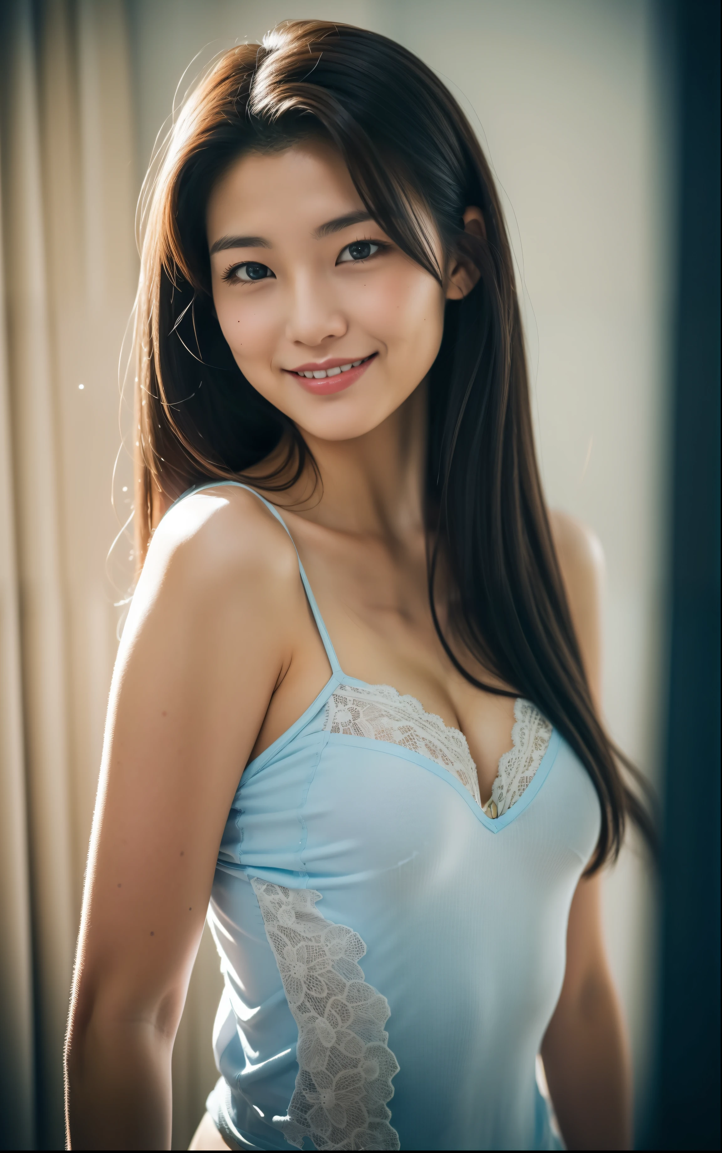 beautiful 25 year old woman。She is wearing a tight camisole made of light blue satin fabric..。Black lace on chest and hem.。smile gently。her dark brown hair、、her hair is long and straight。High resolution、masterpiece、highest quality、Head w:1.4、((Hasselblad Photos))、fine skin、fine knit、(movie lighting)、clavicle,she looks very nice. she smiles shyly. Bust Shot Portrait.