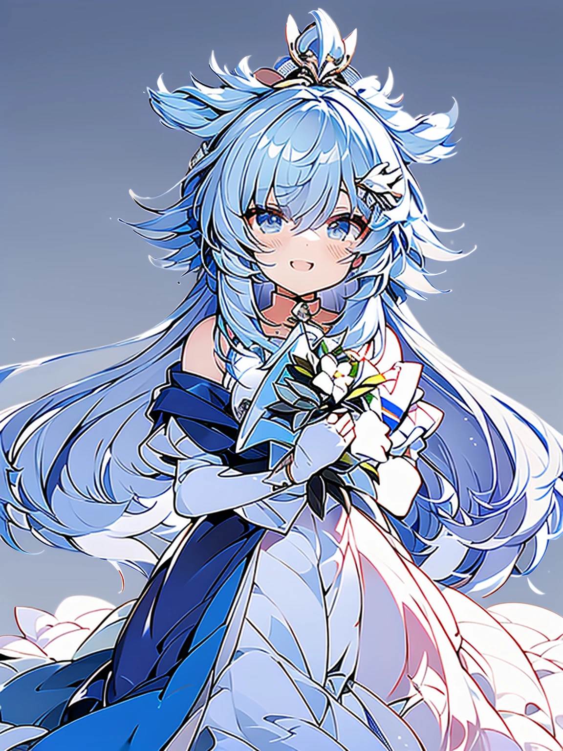 Girl with long hair,The expression is a little shy,white skin,blue eyes,Holding a bouquet of flowers,White dress long dress