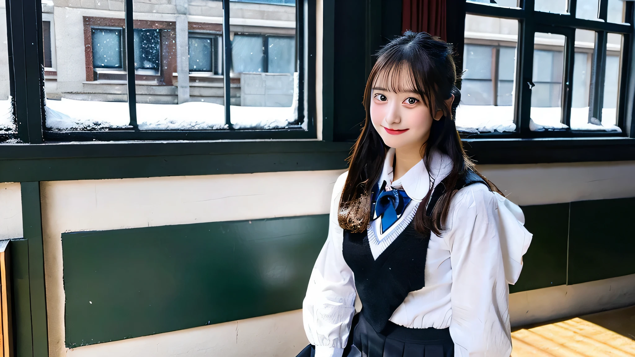cute high school girl, 18-year-old, Wearing a black miniskirt uniform.、The background is inside the classroom、I can see snow outside the window