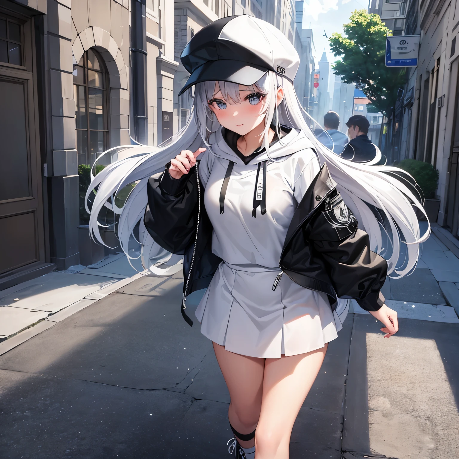 masterpiece:1.3、ultra high resolution:1.3、girl、alone、walking、G cup、two tone hair、beautiful silver hair、white skirt、hat、black and white hooded cropped hoodie、sexual excitement、erotic、blush、real moist skin、Stuffy、wet、cute、fashion、outdoor、hand、feet、shoes
