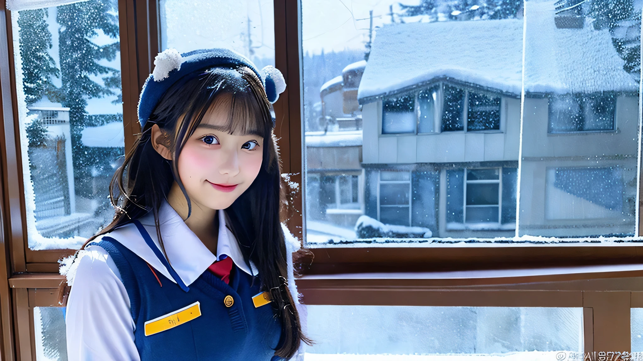 cute high school girl, 18-year-old, Wearing a blue miniskirt uniform、I can see snow outside the window