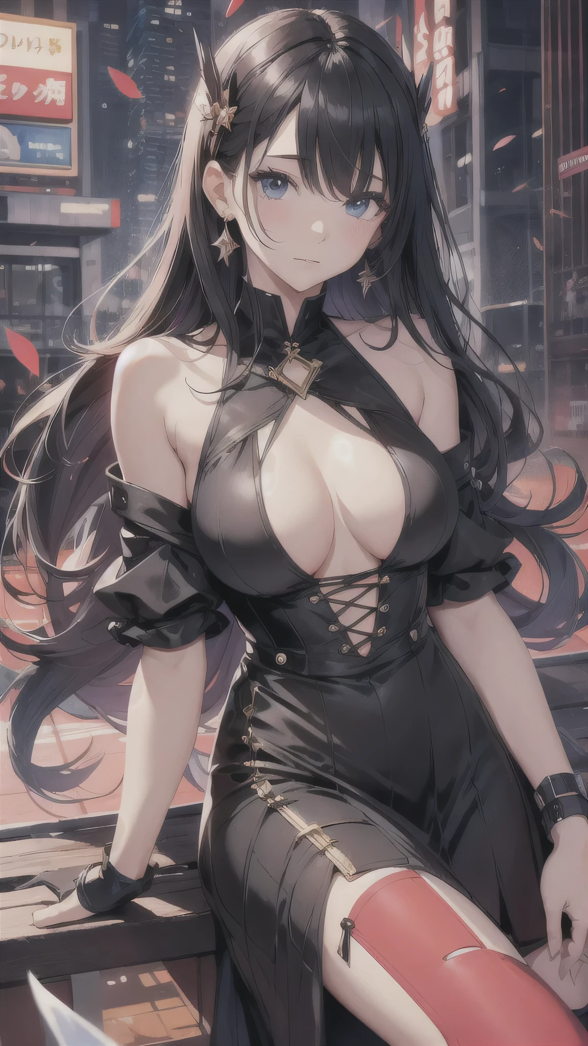 最high quality、best image quality、masterpiece、age girl((18-year-old、 By becoming、vest bust、medium bust,wide open breast tea、black eye, colorful hair、long hair、thin,highest valley、toned chest、black dress、black long skirt、run)),high quality、beautiful art、background((party venue、red carpet、black limousine、camera flash)),debris flies、Depth of written boundary、movie、visual art、perfect art、8K,genuine