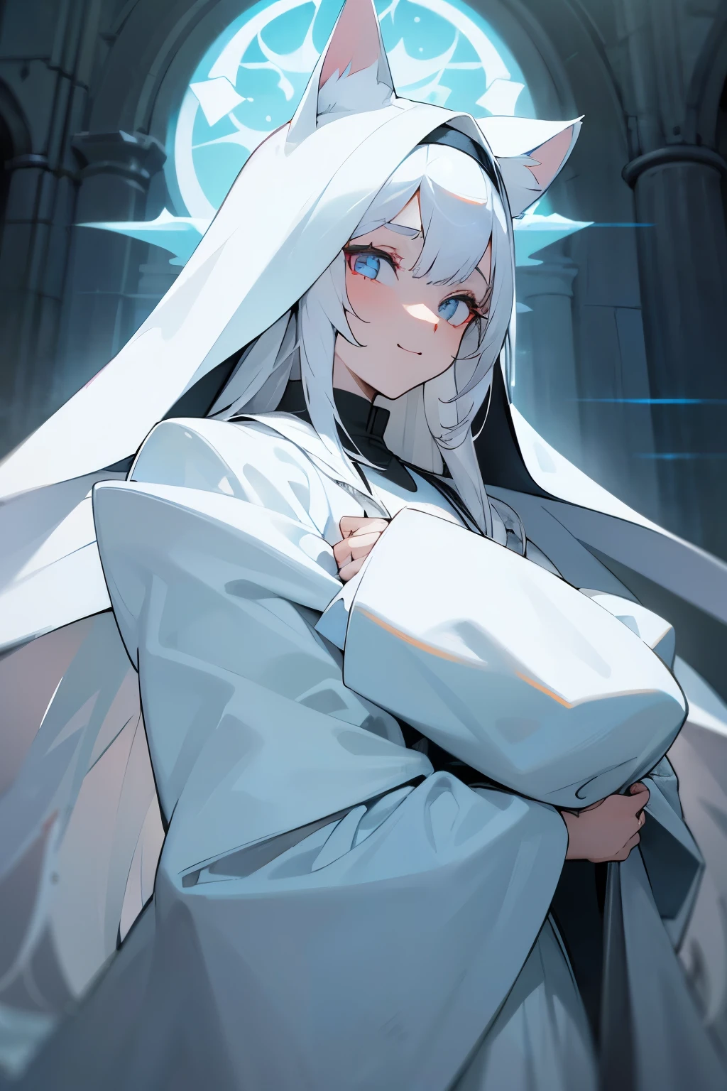 master masterpiece, 4k, highly detailed, 1girl, cat ears, white hair, long hair, white hair, white fur, ((ice white theme)), ice white eyes, bright neon white eyes, nun, medieval nun, white robe, happy, Clear focus, hard lighting,vivd colour.
